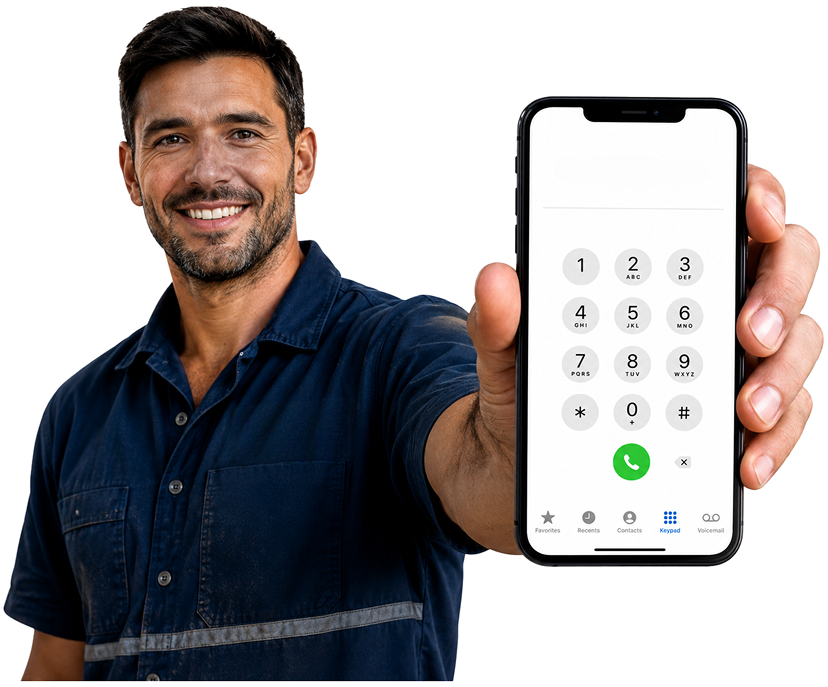 Darling Point Blocked Drains plumber holding a phone — call 1300 261 965