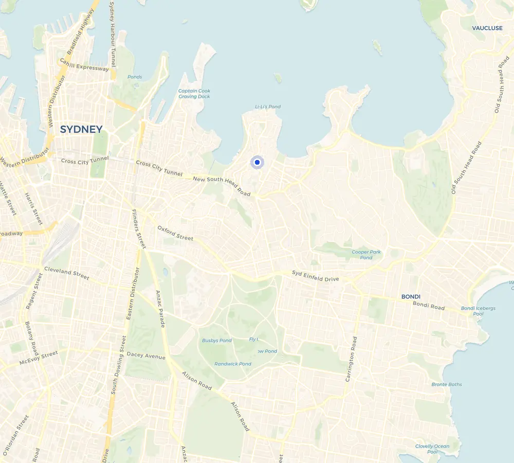 Map of the Darling Point service area and the surrounding Eastern Suburbs, showing Darling Point and the nearby streets we cover.