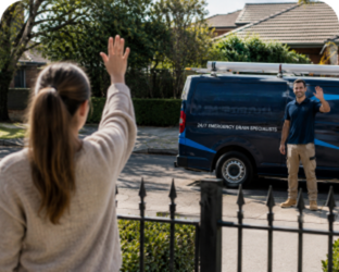 Customer waving goodbye to a Darling Point Blocked Drains plumber